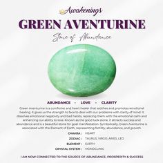 Green Aventurine is associated with the Solar Plexus and Heart chakras. Benefits of this stone include: * Helps with manifesting wealth and prosperity * Releases old habits and patterns * Assists with not over empathizing in Empaths * Enhances leadership skills *This is for one stone *Comes with an informational card. Images appear larger than the actual size to clearly depict the details of the crystal. Each stone is unique and beautiful, so please expect slight variations in color, texture, an Luxury Multi-stone Spiritual Gemstones, Adventurine Countertops, Cheap Spiritual Aventurine Crystal Bracelet, Affordable Aventurine Jewelry Gift, Stone For Beauty, Green Aventurine Crystal Meaning, Aventurine Crystal Meaning, Adventurine Crystal, Green Aventurine Crystal