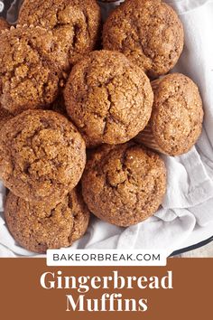 gingerbread muffins in a white bowl with cinnamon on the side and text overlay