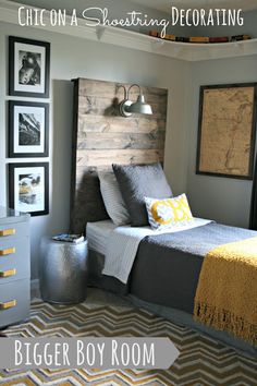 DIY, Bigger Boy Room Reveal by Chic on a Shoestring Decorating... Headboard!! Boy Bedroom Design, Teen Boy Bedroom, Mens Bedroom, Man Room, Teenage Bedroom, Boy Bedroom, Big Boy Room, Boys Bedroom, Boys Bedrooms