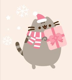 a gray cat with a pink scarf and hat holding a gift box in it's paws