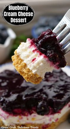 A fork with a bite of blueberry cream cheese dessert on it. Blueberry Cream Cheese Dessert, Easy Blueberry Dessert, Easy Cream Cheese Recipes, Deserts With Cream Cheese, Cream Cheese Desserts Easy, Cream Cheese Recipes Dessert, Blueberry Cream Cheese Muffins