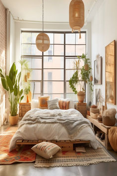 Spacious and sunlit couple's apartment bedroom featuring minimalist wooden furniture, cozy bedding, indoor plants, and bohemian accents for a warm and inviting atmosphere. Bedroom Low Bed Ideas, Cute Bedroom Ideas For Couples, Chic Apartment Bedroom, Low Bed Ideas Cozy Bedroom, Low Bed Ideas, Apartment Bedroom Ideas For Couples, Bedroom Ideas Couples, Bedroom Ideas For Couples Cozy, Newlywed Bedroom