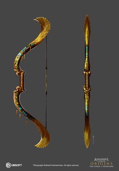 an artisticly designed bow and arrow made out of gold