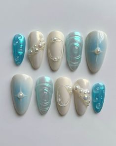 Hawaii Nails Simple, Nail Inspo Hawaii, Koi Pond Nails, Mercury Nails, Water Droplet Nails, Japanese Inspired Nails, Builder Gel Nails Design, Jellyfish Nails, Friend Nails