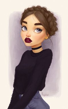 a drawing of a woman with blue eyes wearing a black sweater and dark red lipstick