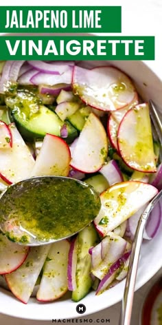 a white bowl filled with sliced radishes and cucumbers next to a spoon