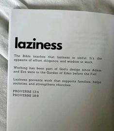 an open book with the words lazingess written in black on it's cover