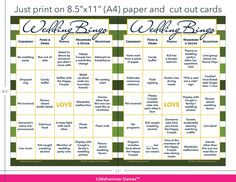 Wedding Bingo calling card on a green-striped background Wedding Bingo, 2 Brides, Reception Games, Wedding Reception Games, Reception Drink, Unique Wedding Receptions, Pick A Seat, Get Engaged, Bingo Printable