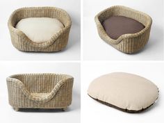 four different types of dog beds with pillows and cushions on the bottom one has a cat bed in the middle