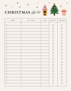 christmas gift list is shown in this printable