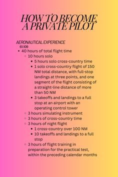 a pink and yellow poster with the words how to become a private pilot