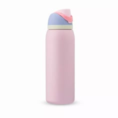 a pink and blue water bottle on a white background