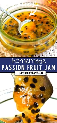 homemade passion fruit jam recipe in a glass bowl with spoon and title text above it