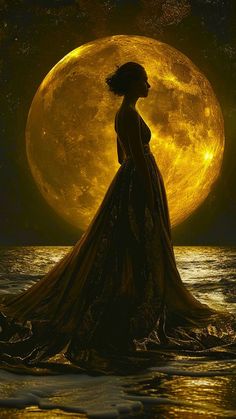 a woman is standing in the water with a full moon behind her