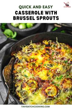 a skillet filled with casserole and topped with broccoli sprouts