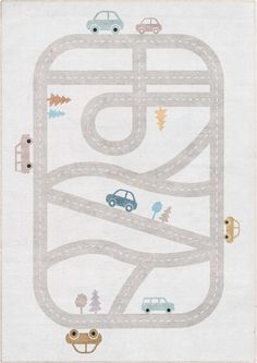 a child's rug with cars and trees on the road in front of it