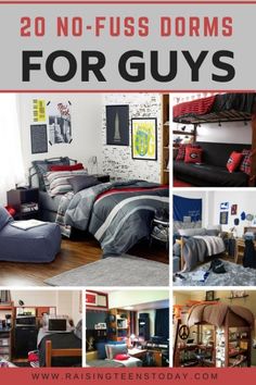 there are many pictures of different beds and furniture in this room with the words 20 no - fuss dorms for guys