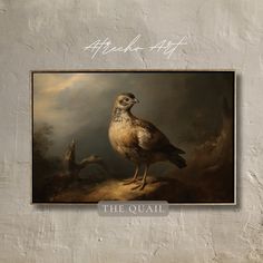 the quail is displayed in front of a wall with an old painting on it