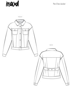 the back and side view of a jacket with buttons on it, as well as an outline