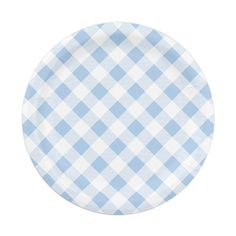 a blue and white checkered paper plate