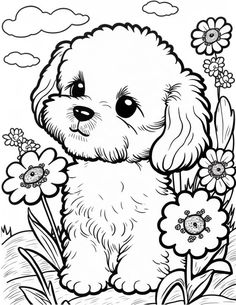 a puppy sitting in the grass with flowers