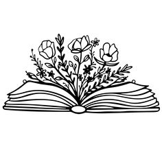 an open book with flowers and leaves on the pages is shown in black and white