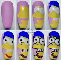 Lisa Simpson Nails, Step By Step Character Nail Art, The Simpsons Nails, Simpsons Nails Art, Beginner Character Nail Art, Character Nail Art Step By Step, Simpson Nails Acrylic, Character Nails