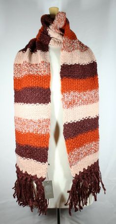 New Vince Camuto Warm Striped Knit Muffler Scarf with Fringe. Measures 9" wide by 78" long. 100% Acrylic. Brown,Orange and Cream Colors. Brand new in package with tags. Orange Crochet Scarf, Crochet Pattern Scarf, Ideas Regalos, Brown Scarf, Scarf With Fringe, Brown Scarves, Pattern Scarf, Striped Scarf, Crochet Inspo