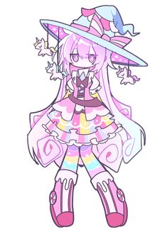 a drawing of a girl with pink hair wearing a hat and dress, standing in front of