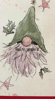 a drawing of a gnome with holly leaves on it's head and the words made by barbara w