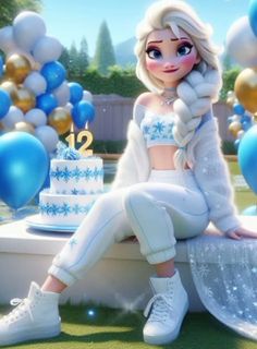 a frozen princess sitting on top of a cake in front of balloons and streamers