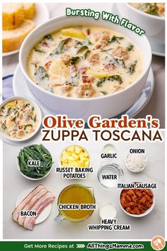 bowl of Olive Garden Zuppa Toscana Soup. ingredients to make Olive Garden Zuppa Toscana Soup. Olive Garden Zuppa Toscana Soup, Olive Garden Zuppa, Olive Garden Zuppa Toscana, Zuppa Toscana Soup, Toscana Soup, Comfort Soup Recipes, Homemade Soup Recipe, Delicious Soup Recipes, Comfort Soup