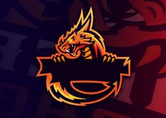 an orange and black dragon logo on a dark background with red, yellow and blue colors