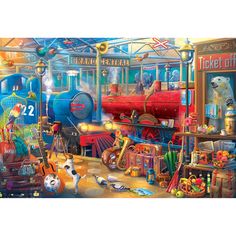 a painting of a train station filled with lots of toys and other things on display