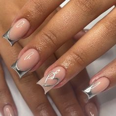 silver chrome nails Short Square Nail Designs Aesthetic, Colored French Tip Pedicure, Short Square Birthday Nails, Nails With Numbers, Short Acrylic French Tip Nails, Birthday Short Nails, Short Nail Designs Square, Short Work Nails, Short Nails Birthday