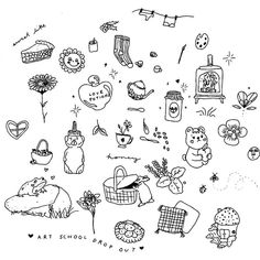 an ink drawing of many different things in the air, including flowers and other things