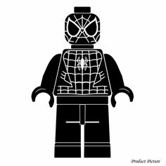 a black and white image of a spider man lego figure with his face in the center