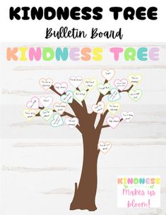 a tree with hearts on it and the words kindness tree written in different languages below