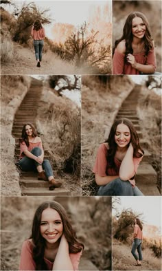 a woman is sitting on some steps in the desert and posing for her senior pictures