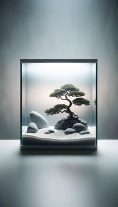 a bonsai tree in a glass case with rocks and water inside it on a white surface