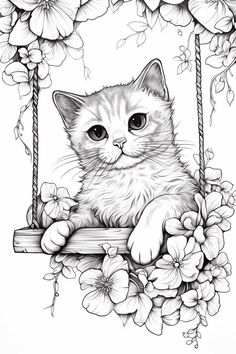 a drawing of a cat sitting on a swing with flowers in the foreground and behind it