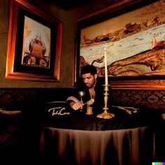 a man sitting at a table with two candles in front of him and paintings on the wall behind him