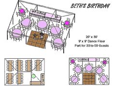 the floor plan for a birthday party with tables, chairs and seating areas in pink