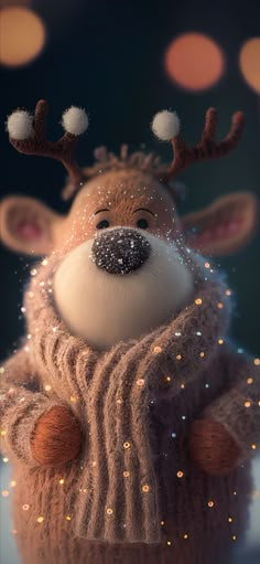 a stuffed animal wearing a sweater with lights on it's head and nose, in front of a dark background