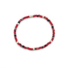 Rugged Red Bracelets for Valentine's Day or Any Day Ombre Band: Flat woven; just under 1/4"w; glass beads; sterling silver clasp & 1" extender chain. Bracelet Strand A: Stretch style; vinyl heishi beads; red glass seed beads. Bracelet Strands B & C: Stretch style; glass seed beads. Perfect solo or stacked. Adjustable Hand-strung Red Wristband, Adjustable Red Stackable Bracelets, Adjustable Red Hand-strung Bracelet, Red Adjustable Stackable Bracelets, Hand-strung Red Wristband Bracelet, Adjustable Red Stackable Stretch Bracelet, Casual Red Wristband With Round Beads, Casual Red Hand-strung Jewelry, Red Seed Bead Bracelet