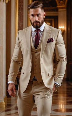 Suite For Groom Wedding, Tan Mens Suit Wedding, Gold Suit Men, Groom Suit Tan, Beige Suits For Men, Suit For Men Wedding, Green Wedding Suit, Stylish Mens Suits, Suit Combinations