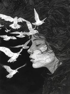 a drawing of a woman with birds flying around her head and the image is black and white