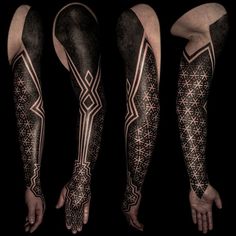 geometric tattoo art bodysuit symmetry dotwork pattern symmetry body tatouage pattern opart optical tattooing Herren Hand Tattoos, Mangas Tattoo, Monster Tattoo, Geometric Sleeve Tattoo, Black White Tattoos, Blackout Tattoo, Marquesan Tattoos, Geometry Tattoo, Geometric Tattoo Design