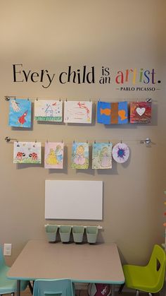 there are many children's artwork on the wall above the desks in this classroom