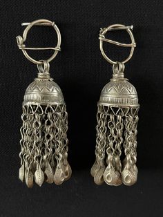 Antique pair of Afghanistan Tribal Silver Ceremonial Earrings with Silver Tassels. Size - Height : 7.5 cm x Circumference : 7 cm x Weight : 25 gr. Free Shipping. Antic Silver Earrings, Luxury Traditional German Silver Earrings, Indian Silver Jewellery, Silver Jewellery Indian, Jewelry Antique, Wedding Jewelry Earrings, Indian Jewellery, Silver Jewellery, Wedding Earrings